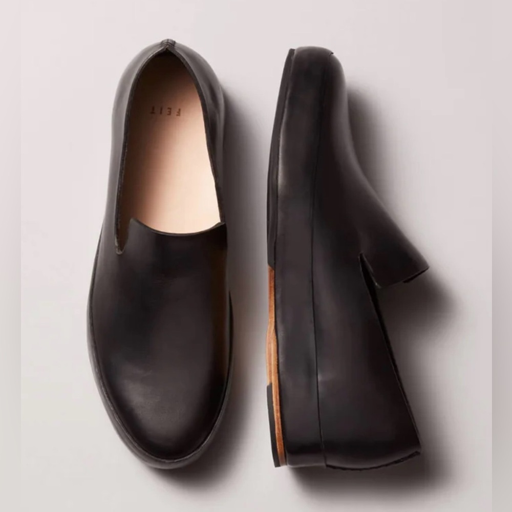 FEIT HAND SEWN SLIP ON LEATHER VEGETABLE TANNED BLACK 42 / 9 LOAFERS MOCCASINS